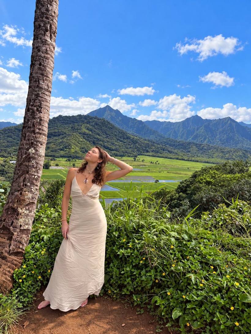 Silk slip dress at a mountain valley lookout